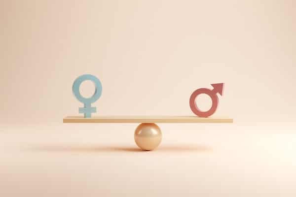 Gender equality concept. Male and female symbol on the scales with balance on blue background. minimal style.