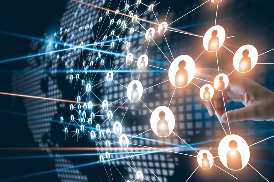 Hand of touching network connecting the human dots icon in business project management. Teamwork organization and brainstorm concept